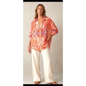 Coral Paisley Sheer Button-Up Blouse - Women